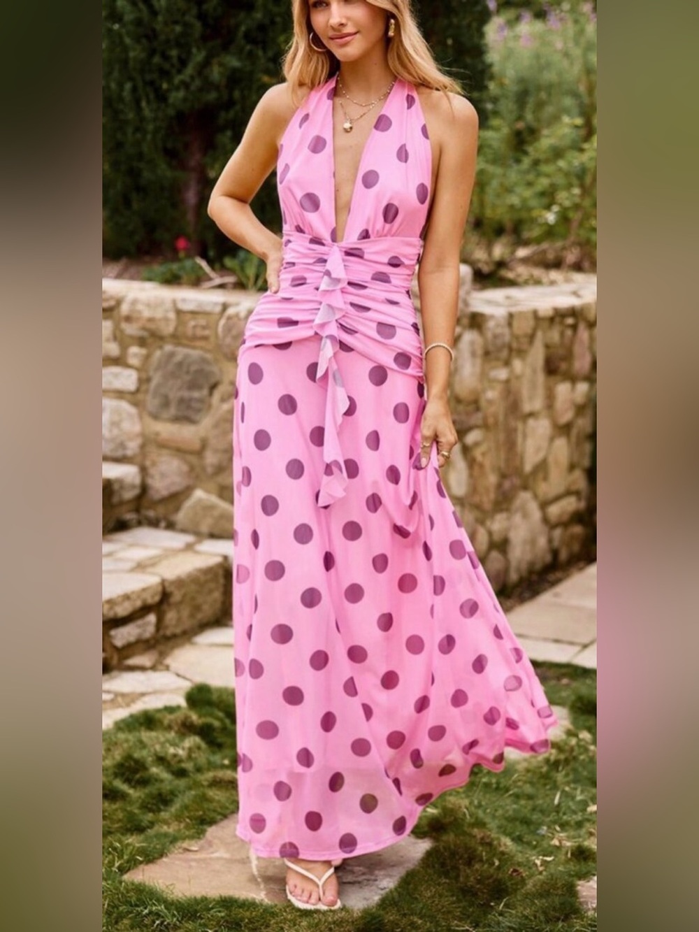 Resort Wear Womens Vacation Summer Pink Polka Dot Halter Backless Maxi Dress